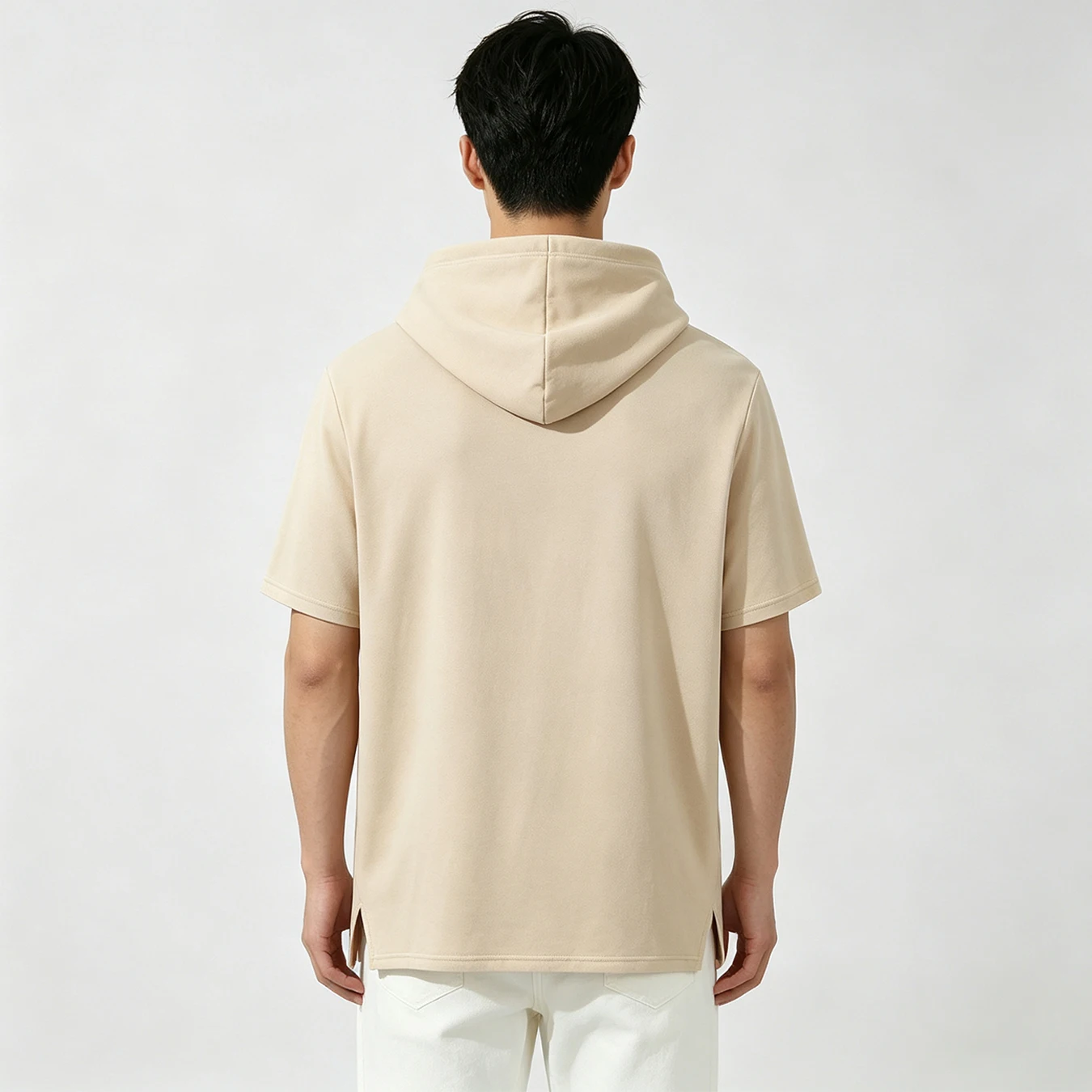 Men's Solid Color Drawstring Hooded Short Sleeve T-Shirt Casual Loose Split Irregular Hem Hoodie Tops For Daily Streetwear
