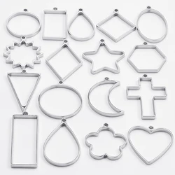 6Pcs/Lot Hollow Geometric Round Oval Heart Cross Flat Frame Bezels Charms Stainless Steel Blank Flower Moon Pendant Jewelry Bulk