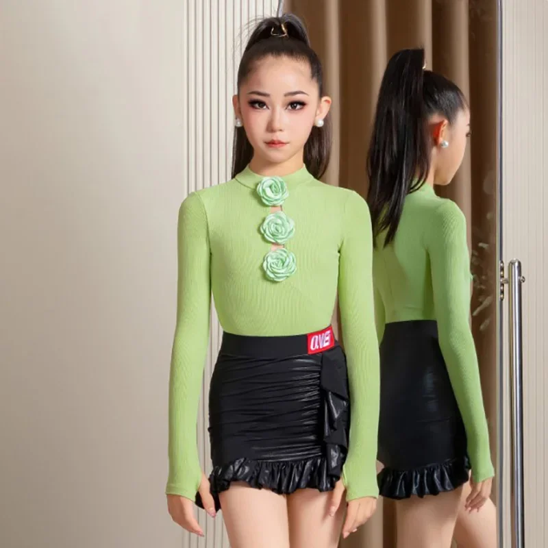 أزياء الرقص اللاتينية للأطفال البنات باللون الأخضر، بدلة للجسم على شكل زهرة وتنانير قصيرة للأطفال، ملابس رقص أداء رومبا