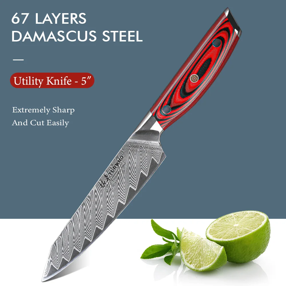 

TURWHO 5 ” Utility Knivse 67 Layer Damascus Steel Chef Knife Meat Vegetable Fruit Knife Paring Knife Cooking Tool Red G10 Handle