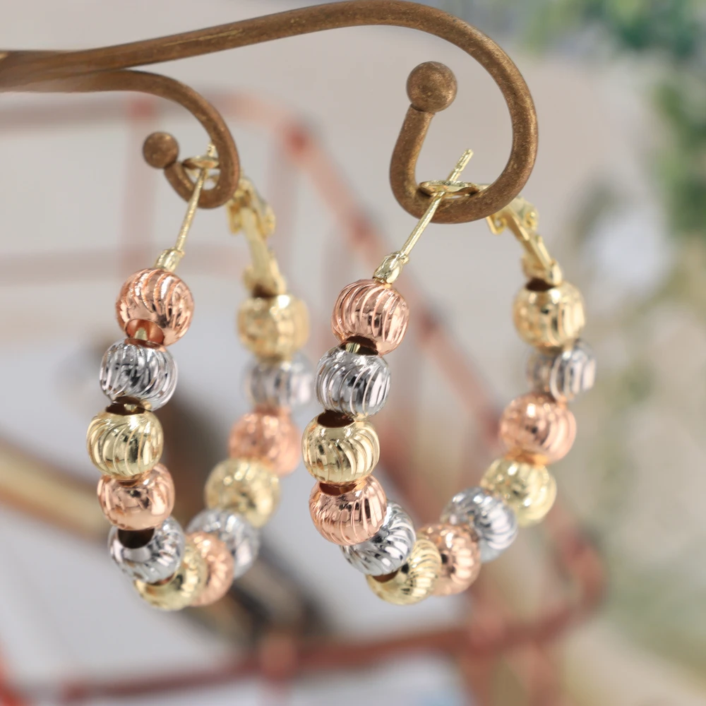 Luck Fashion Jewelry Women 14k Gold Plated Tricolor Beaded C-Shaped Hoop Huggie Statement Earrings