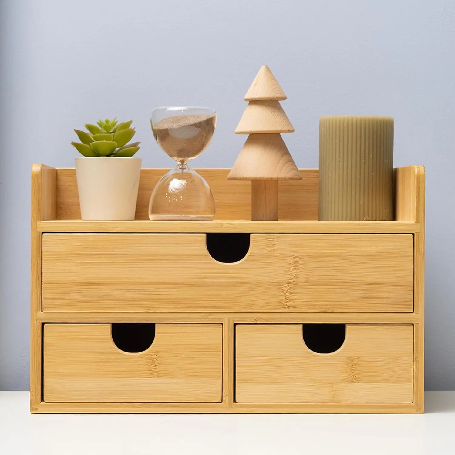 Bamboo Desk Organizer with Drawers: Desktop Storage Container with Shelf