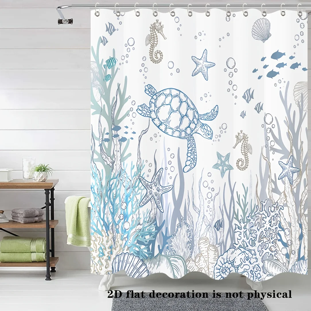 2D Flat, 2D Flat, 2D Flat Banner Featuring an Oceanic Turtle And Coral Reef Shower Curtain - Includes a Blue Sea Turtle And Star