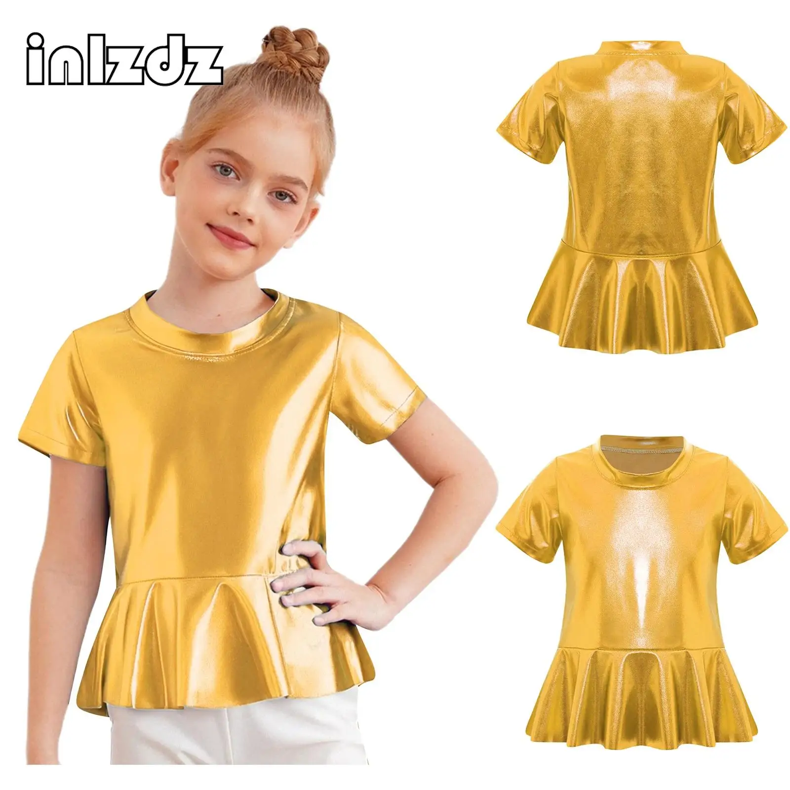 

Kids Girls Cheerleading Jazz Dance Stage Performance Costume Metallic Peplum Tops Short Sleeves Shiny T-shirt for Birthday Party