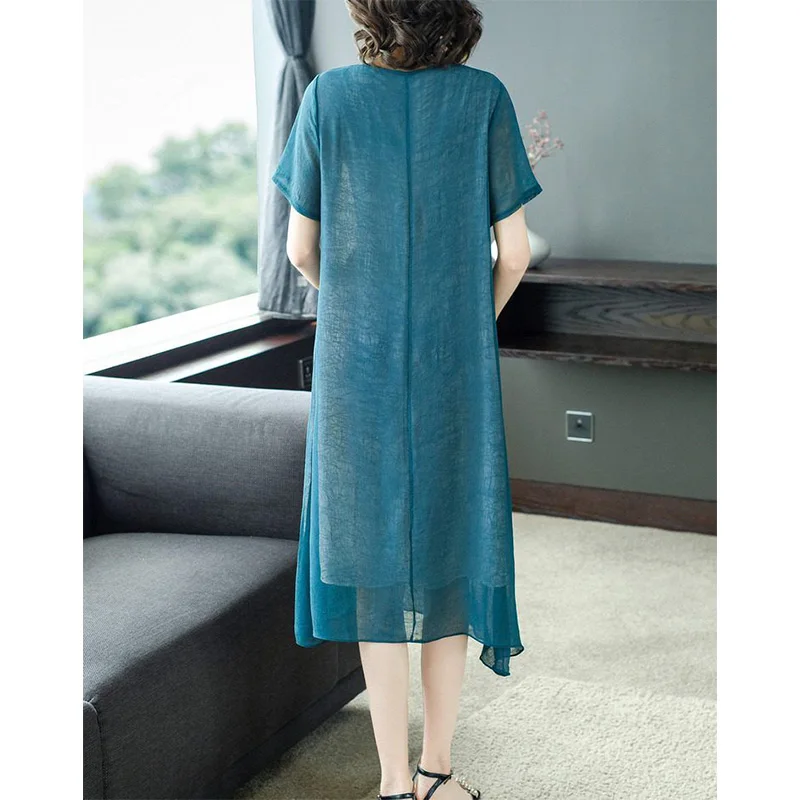 2023 New Chinoiserie Embroidered Dress Round Neck Sheer Solid Color Short Sleeve Pullover Chiffon Vintage Mid Length Dresses