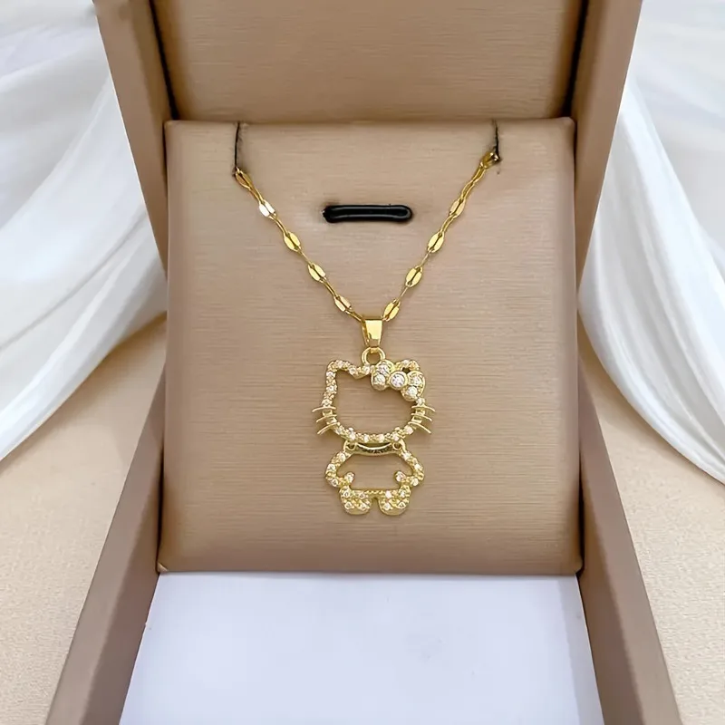 Cute cat zircon pendant necklace, stainless steel fashion accessory, ladies' exquisite gift