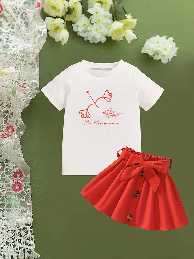 For Girl Feather Arrow Printed Short Sleeved T-Shirt With Short Skirt Summer Outfit Clothing Set Kids Wear For Baby Girl Childre