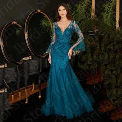 Elegant Teal Blue Evening Dresses Mermaid Lace Prom Gowns 2024 Long Sleeves Wedding Guest Dresses V Neckline Beaded Illusion
