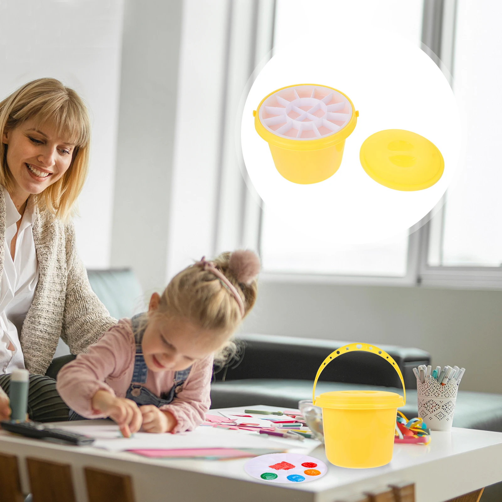 1세트 세척 가능한 페인트 브러시 버킷, 혼합판 포함, 견고한 플라스틱 미술 도구, 예술가, 공예, 페인팅 수업용 브러시