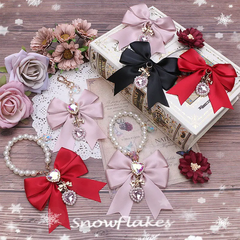 

Брелок ручной работы в стиле Лолита с жемчугом и бантом для сумки, японский стиль Soft Girl, с бантом, стразами и бисером, подвеска для сумки