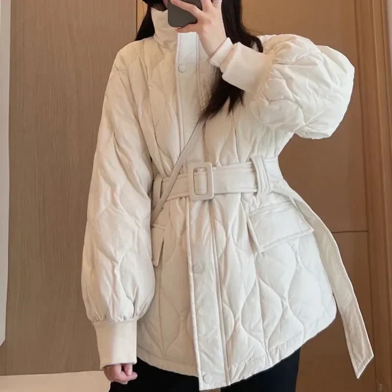 Stand Neck Plaid Design Sense Parkas Single-breasted Lace Up Slim Waist Puffer Jacket 2023 Autumn Winter New All-match Coats