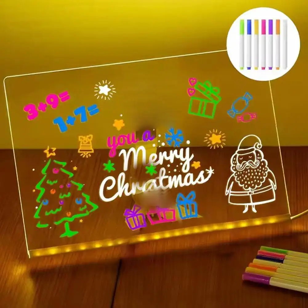 Bacheca per appunti a LED con luce notturna colorata 7 penne Bacheca per messaggi in acrilico fai-da-te Tavolo da disegno per bambini Tavolo da disegno luminoso per bambini