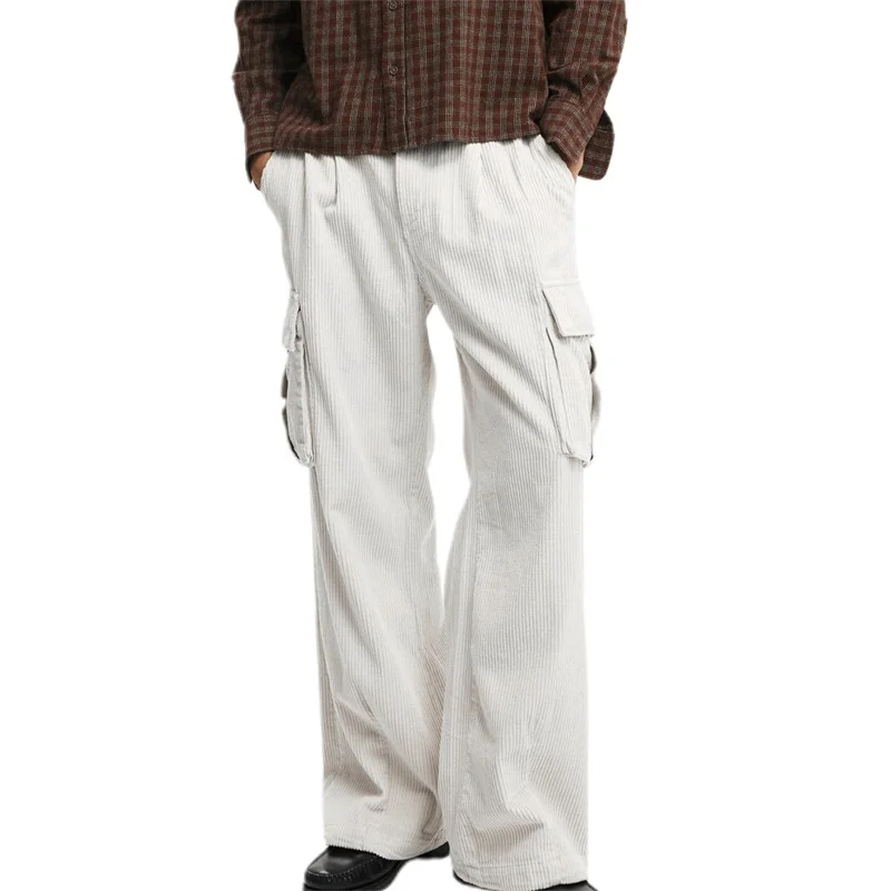 Baggy Pleat Cargo Pant  Fall Loose Corduroy Button Soft Solid Ribbed Trousers with Pockets