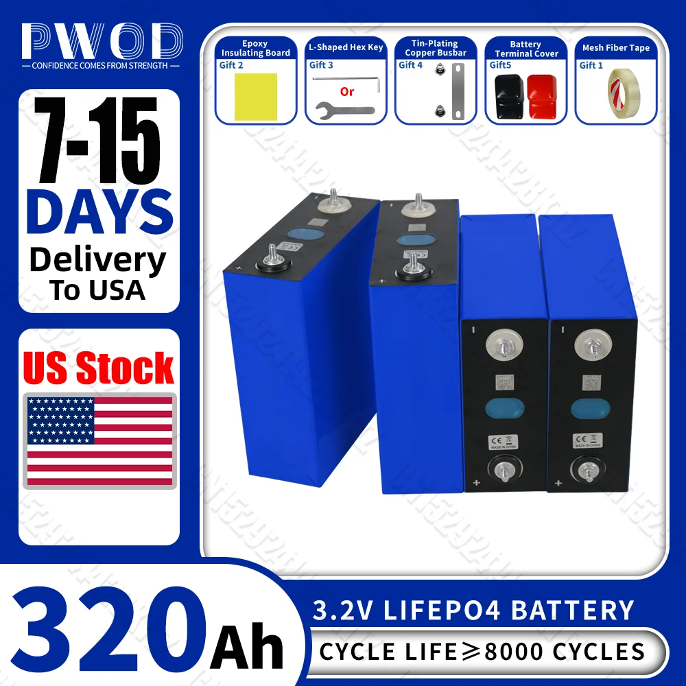 

US Stock Lifepo4 Battery 3.2V 320AH Brand New Lithium Iron Phosphate DIY 12V 24V 48V for Camping Boats Golf Cart RV Forklift