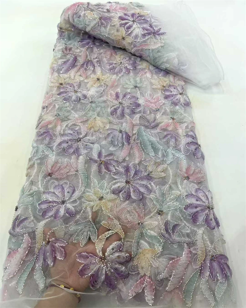

Luxury African Beaded Lace Fabric with High-Quality Sequins for Nigerian Party Dress Sewing Material