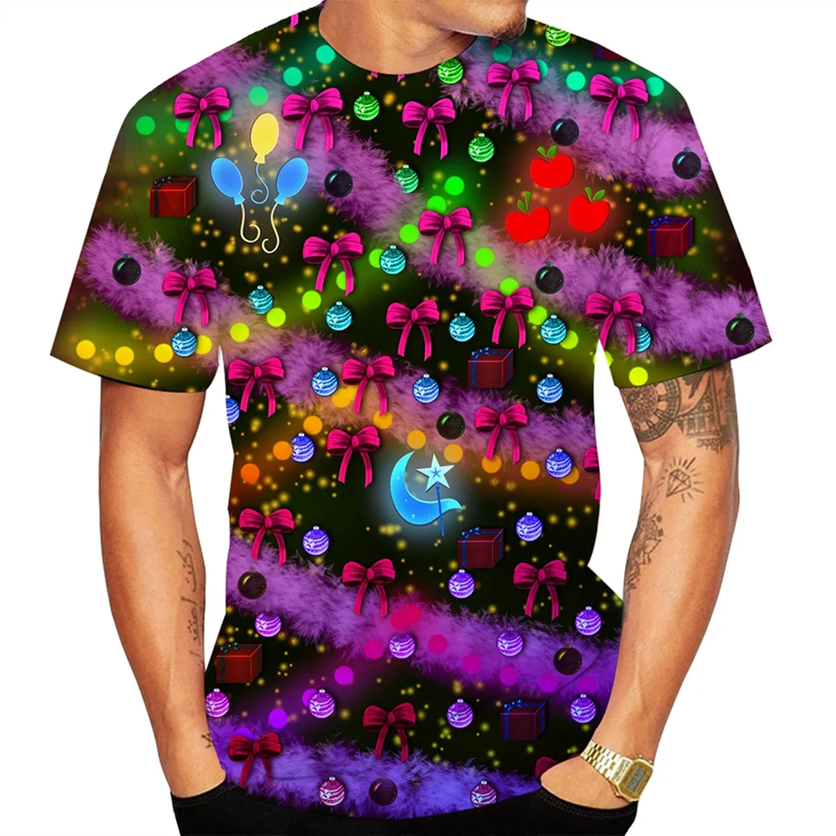 تي شيرت عيد الميلاد: طباعة شجرة متوهجة ثلاثية الأبعاد مع تأثيرات خاصة |   منتج الموضة الافتتاحية للاحتفالات الصيفية