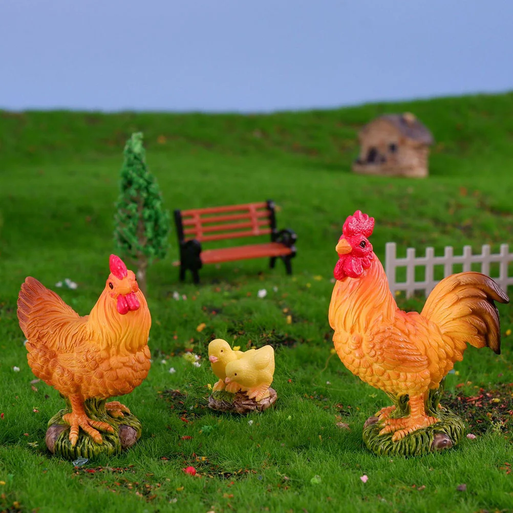 3pcs Mini Chicken Figurines Miniature Chicken Ornaments Lifelike Chicken Statues Garden Mini Animal Ornaments