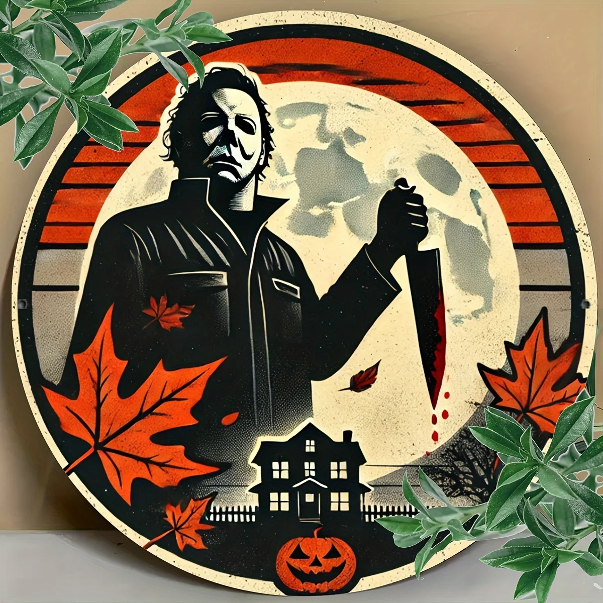 لافتة ألومنيوم دائرية للهالوين من مايكل مايرز - ديكور فني جداري مقاس 11.8 بوصة للمنزل والمقهى والمرآب والمزرعة والعطلات