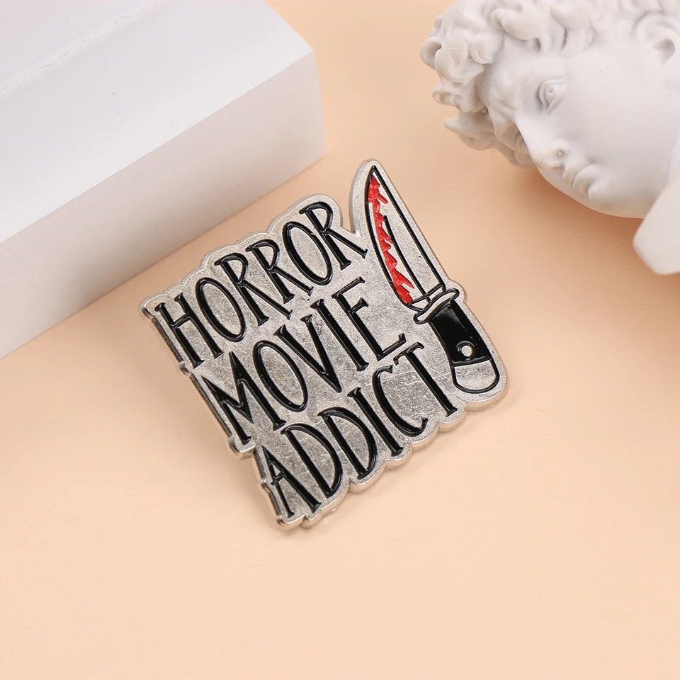 Punk  Letters HORROR MOVIE ADDICT Enamel Metal Funny Lapel Pins Brooches Badges Clothing Accessories Gift for Friends