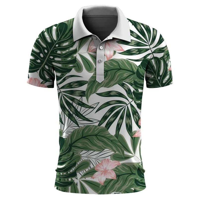 Camisa polo masculina de plantas havaianas, impressão 3D, folhas, flor, manga curta, camisas polo de golfe, tops de rua extragrandes, verão