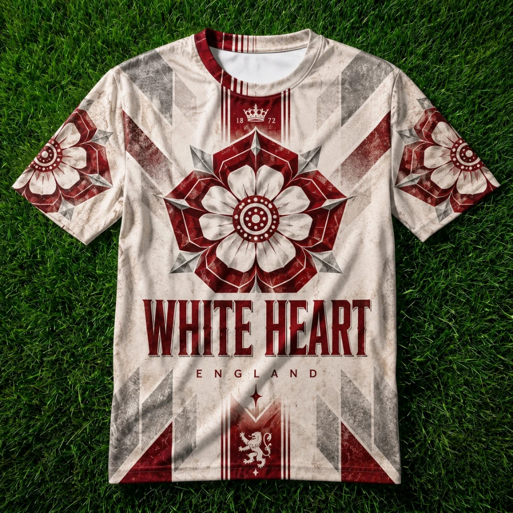 White Heart-shaped English Vintage Floral Pattern T-shirt, Worn-out Wine Red Color, White Lion Tattoo, Casual Quick-drying