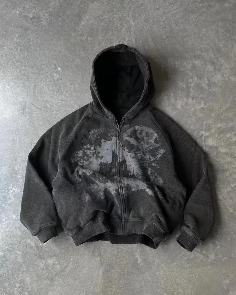 2026 Vintage Gothic Totenkopf Kreuz Flügel Reißverschluss-Hoodie Unisex Oversized Langarm Y2K Heavy Metal Punk Streetwear Jacke für Kinder – Detail 8