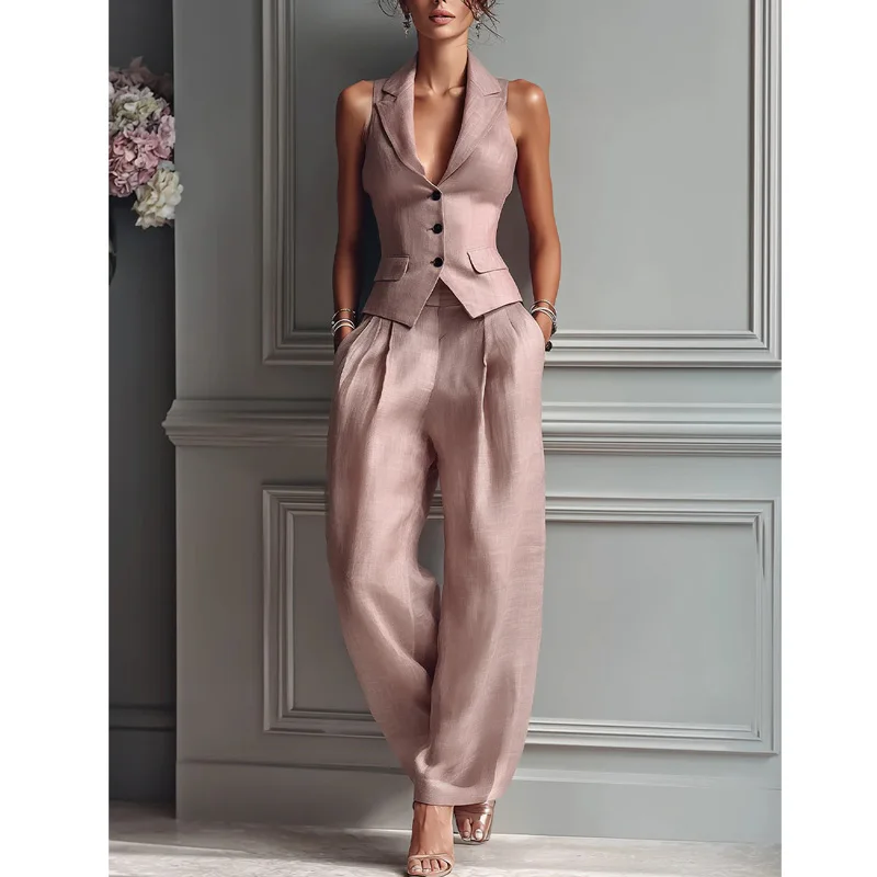 2026 Summer Women Two Piece Set Single-breasted Sleeveless Vest Top And Trousers Pants Set Suit Office Ladies Suits