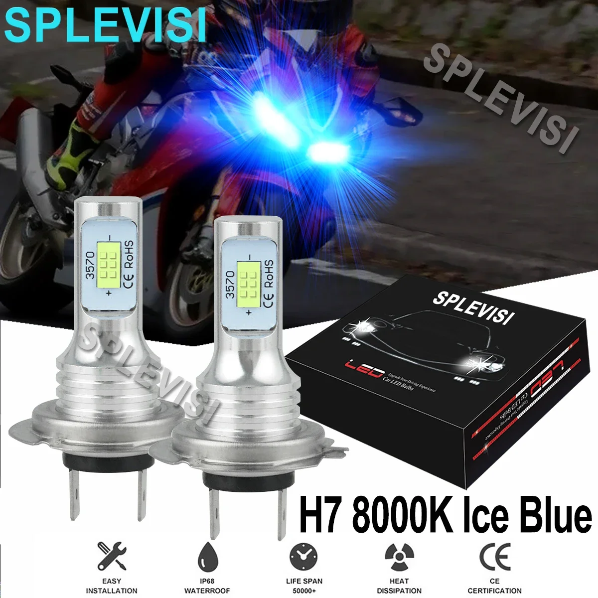 2x70W Ice Blue LED H7 Headlight Bulbs For Honda CBR1000RR 2004-2008 2009 2010 -2012 2013 2014 2015 2016 2017 2018 2019 2020 2021