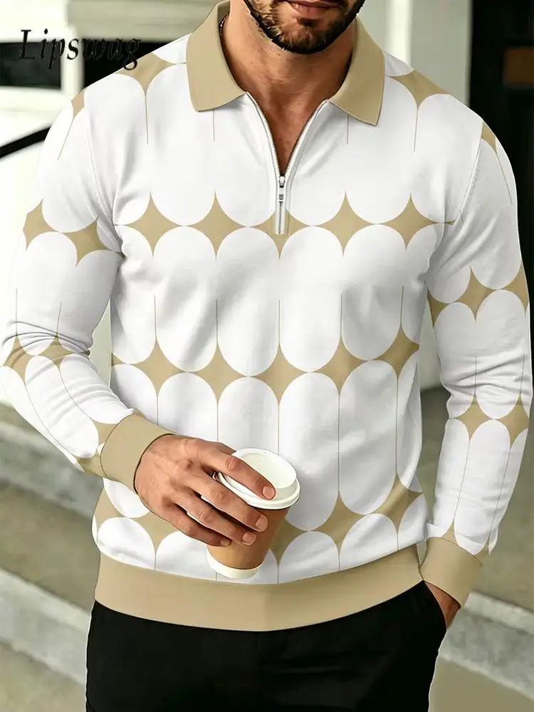 2026 Fall Casual Print Polo Shirt Mens Fashionable Contrast Color Long Sleeve Pullover Men Vintage Lapel Zipper Shirt Tops