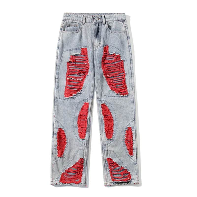 High Streetwear Mens Jeans Pants Ripped Loose Fashion Denim Hip Hop Harajuku Trousers