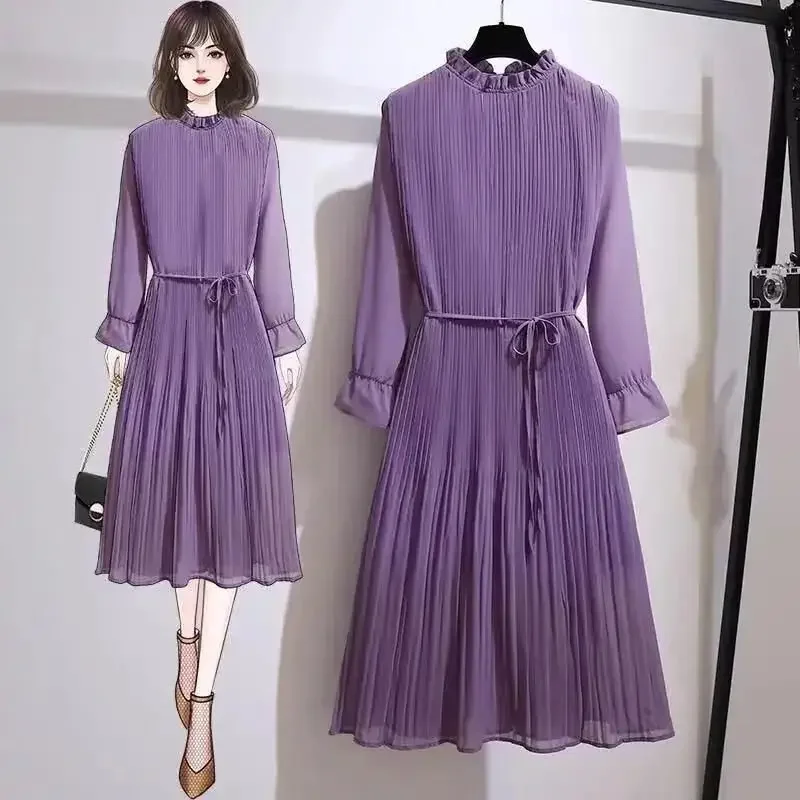 Spring and Autumn New Mid -length Fashion Temperament Foreign Gas Thin Pressure Pleated Chiffon Dress Women's Clothing