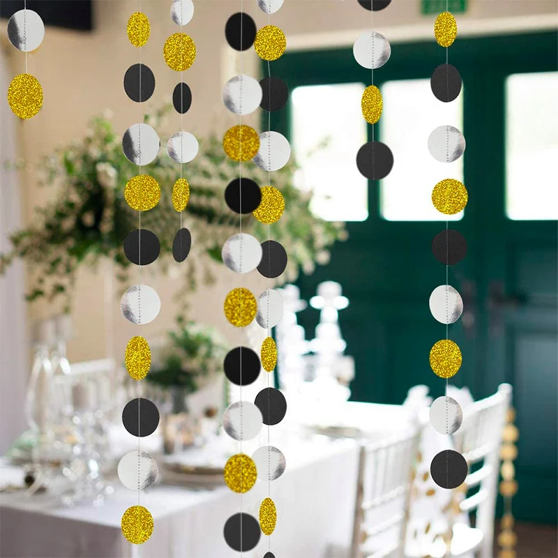 

13ft Gold Back Silver Gruaduation Circle Dots Garland Streamer New Year Party Decorations Hanging Streamer Banner Backdrop Decor