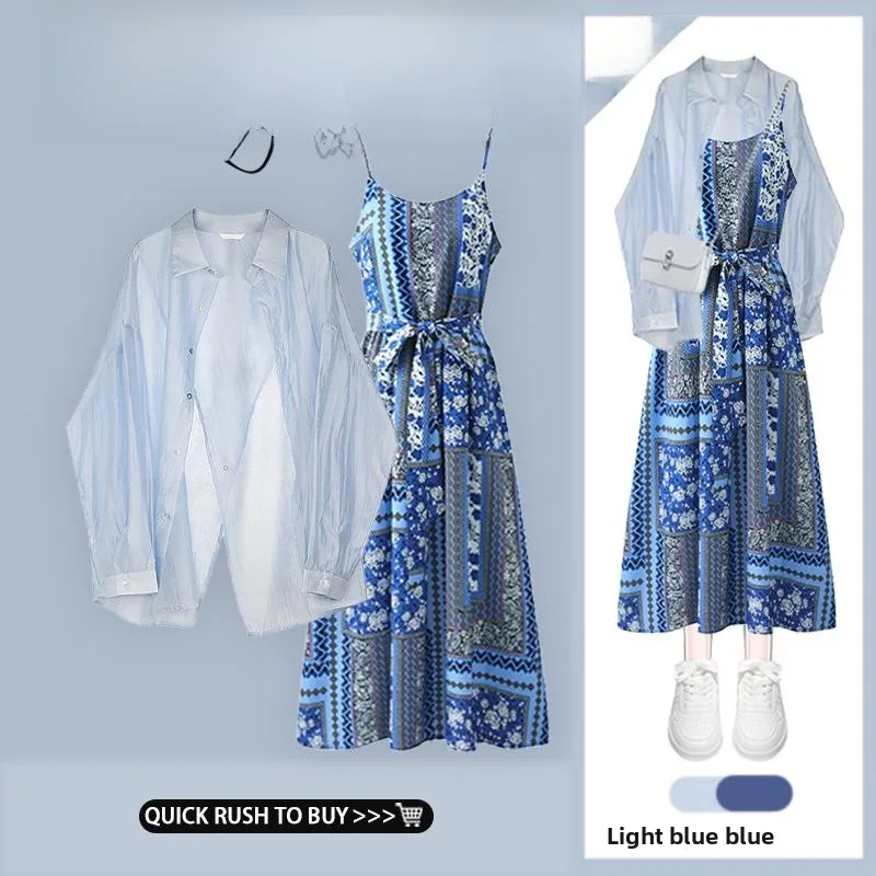 

Blue Thin Asymmetrical Design Shirt Jacket Women's Spring 2026 New Vintage Floral Strap Dress Set Fashionable Two-Piece Suit