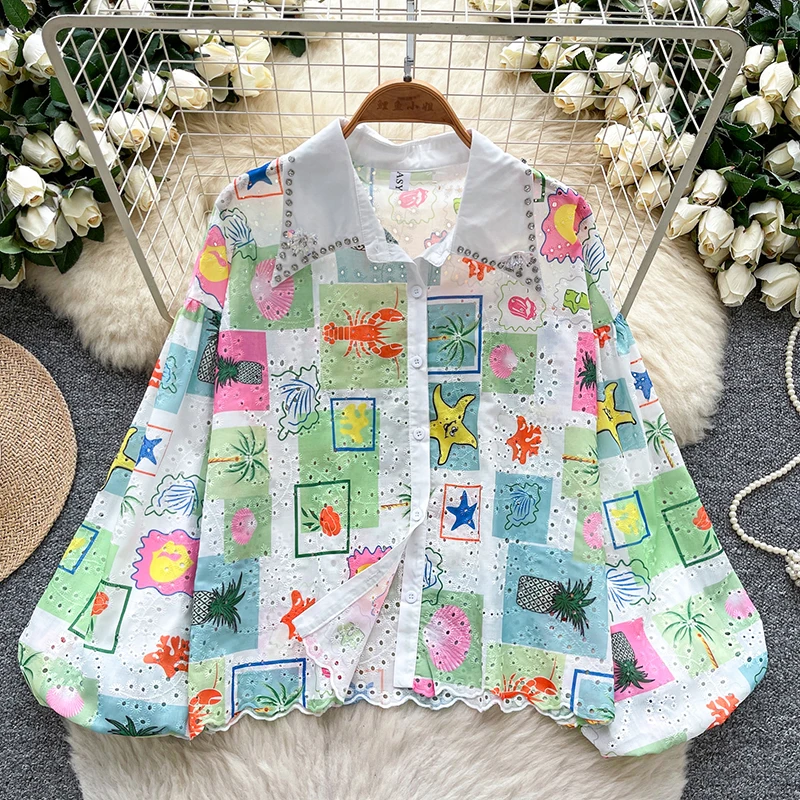 

Весенне-осенняя корейская рубашка с объемными рукавами и принтом граффити, женская новая мода, комплект с бриллиантами, блузка с длинными рукавами, топ C380