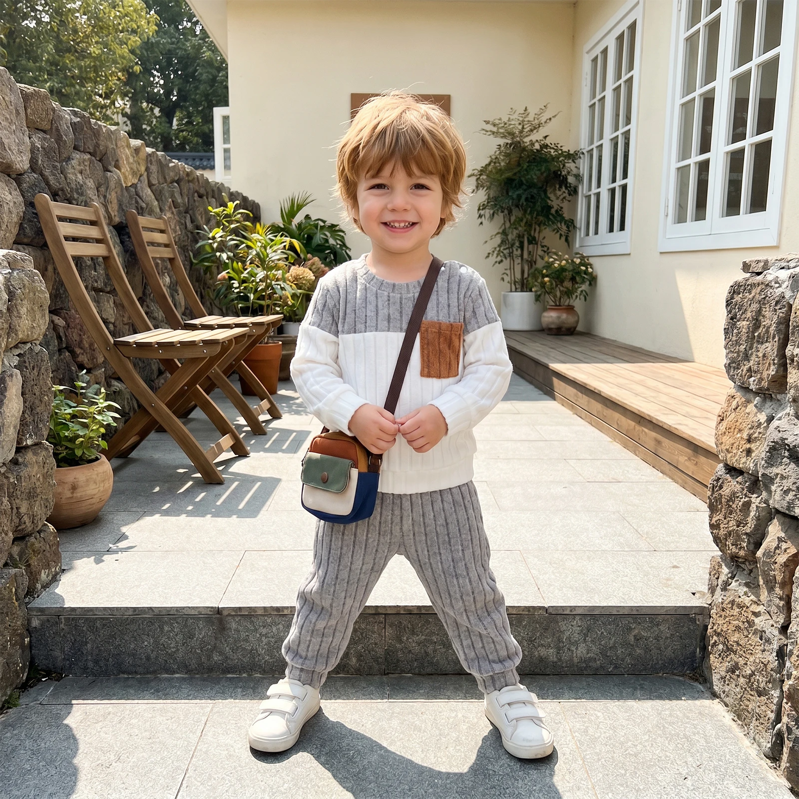 

2027 Winter Toddler Baby Boys 2-piece Outfit Fashion Long Sleeve Contrast Color Sweatshirt with Sweatpants 2pcs Warmer Sets