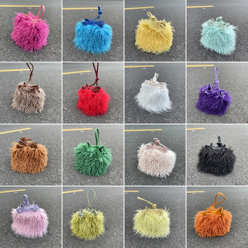 Imitation Wool Women\'s Plush Shoulder Bags Y2k Hot Girls Faux Fur Drawstring Bucket Bag Fashion Female Furry Purse Tote Handbags