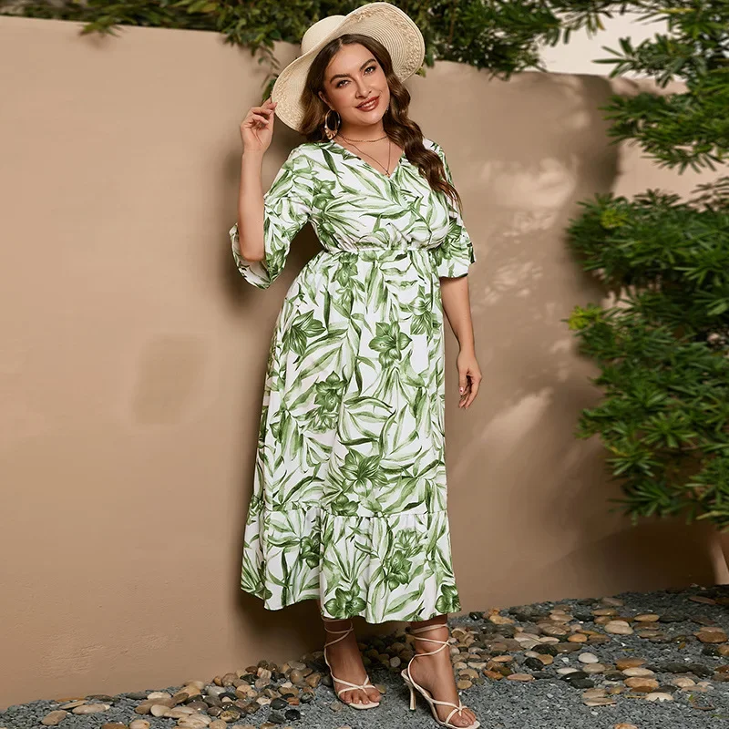 Hot selling summer leisure vacation oversized dress with flared sleeves and large hem long skirt plus size women clothing