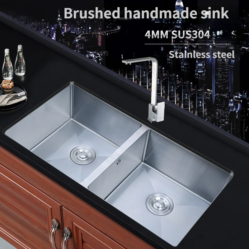 Manual Sink Kitchen Wash Basin Under The Table Basin 304 Stainless Steel Wash Basin Large Double-slot Embedded Pool Set