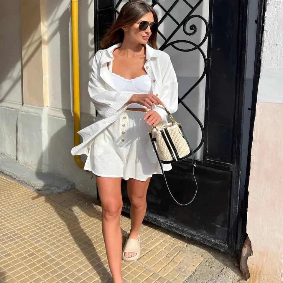 Lässige Eleganz, offene Strickjacke, Oberteil mit Knöpfen und Orts-Set, langes Sve Ne-Zweiteiler-Set, Sommer-Faion-Damen-Ensemble