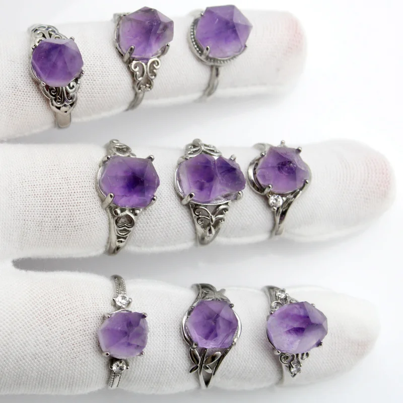 Natural Amethyst Crystal Bud Ring Electroplated Gold Color Adjustable Ring Women's Holiday Gift 6 Pieces Random Style Wholesale