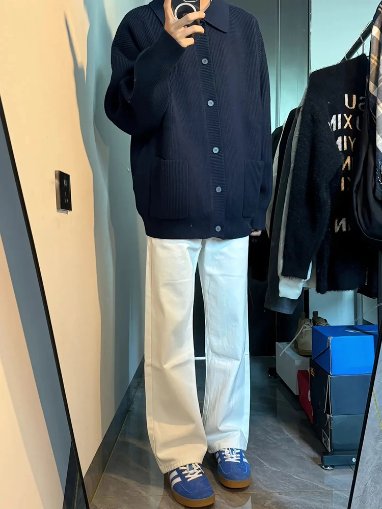 

Loose Fit White Jeans Men's High Waist Slouchy Lazy Sle Straight Leg Long Trousers Autumn Faion Trend Youth Cotton Po...