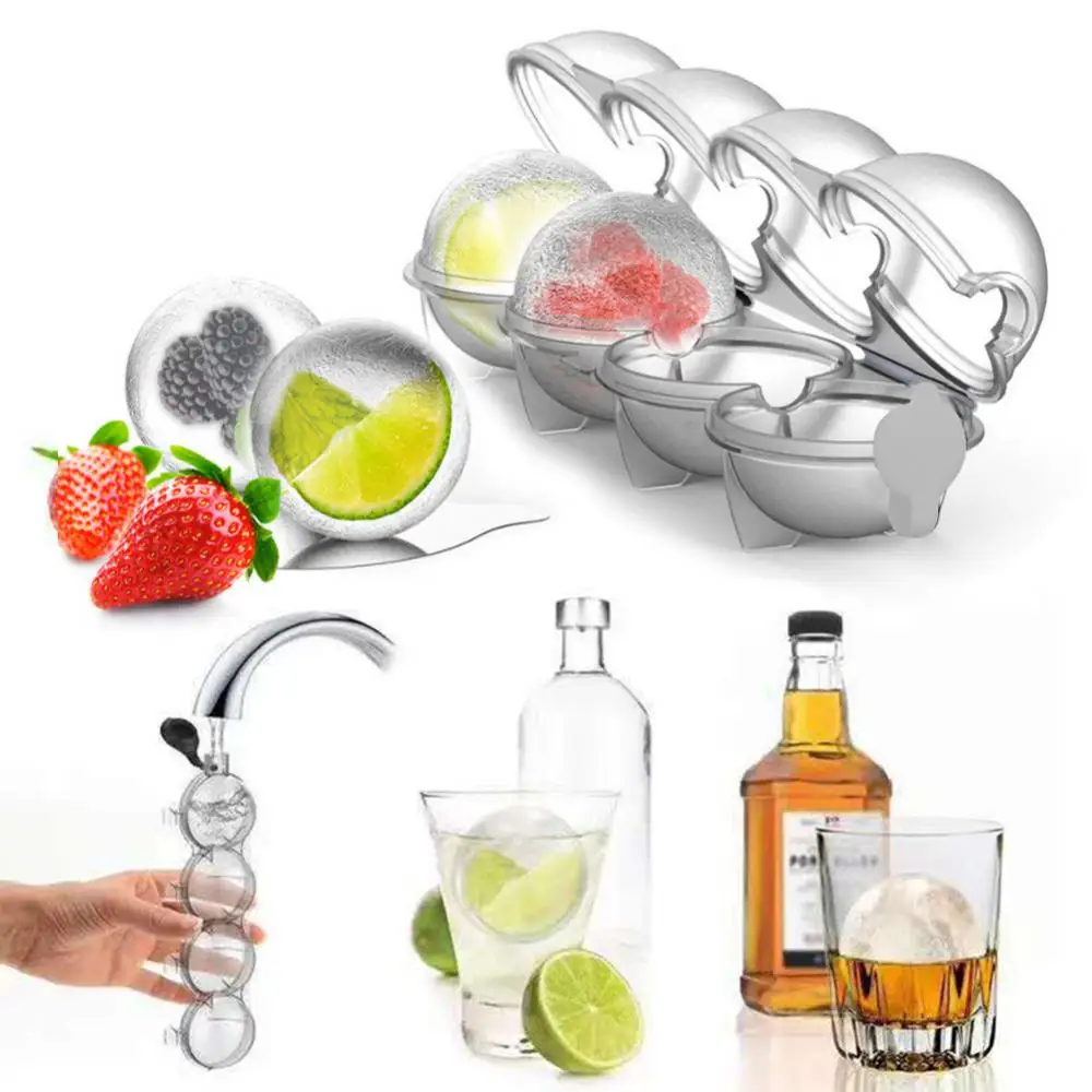 4 Hole Ice Cube Makers Round Ice Hockey Mold Whisky Cocktail Vodka Ball Ice Mould Bar Party Kitchen Ice Box Ice Cream Maker Tool