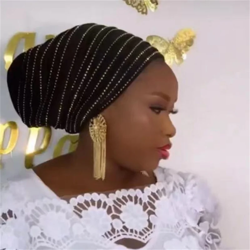 Diamonds Pleated Turban Caps for Women African Head Wraps Nigeria Party Headpiece Turbante Mujer Muslim Headscarf Hats