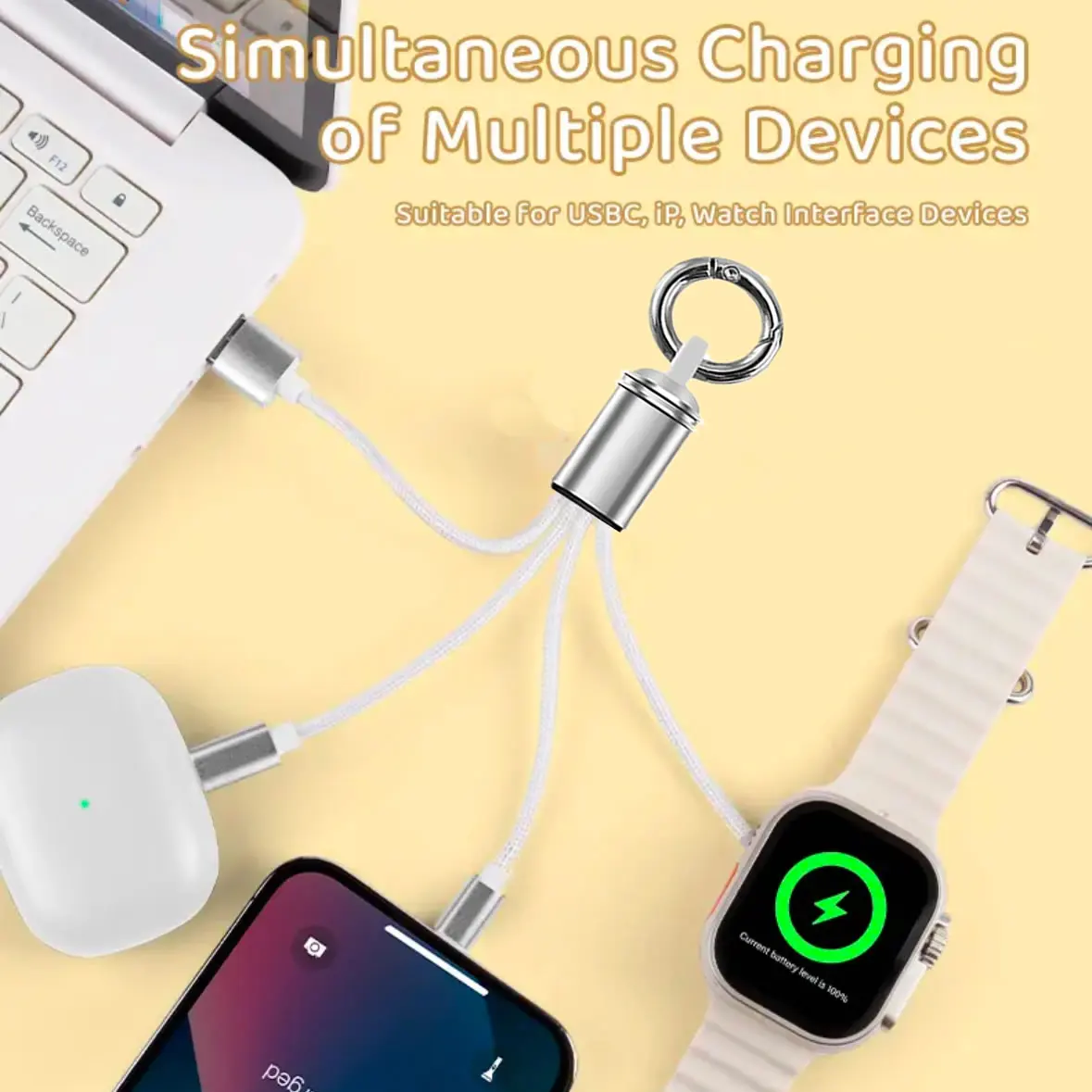 Keychain 3 in 1 For iWatch / Phone USB Charging Cable for iPhone 15 14 Type C/Wireless Charging for Apple Watch Ultra SE/9/8/7/6