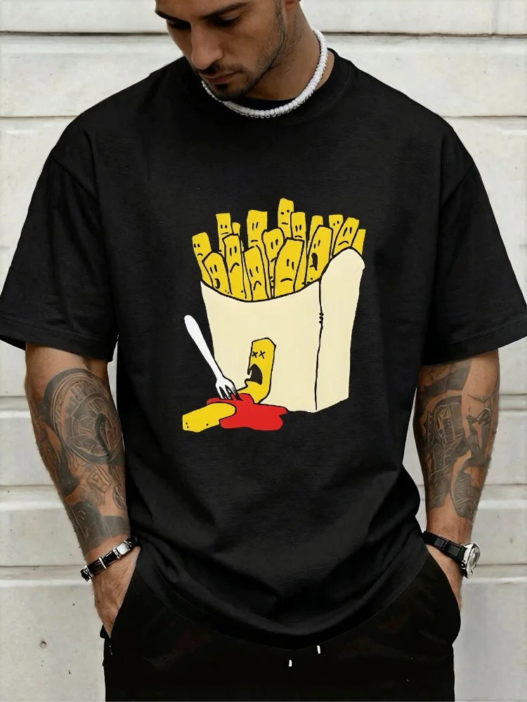 Royal Blue Mens Short Sleeve Top Funny Dead Fry With Ketchup Fork Comic Print Loose Fit Cotton Teen Daily Streetwear Tee
