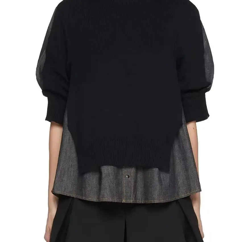 FOG SACAI Japanse Sle Lente Zomer Nieuwe Splicing Denim Overhead irt ort Sve Bubble Sve Design Sense Gebreide Trui