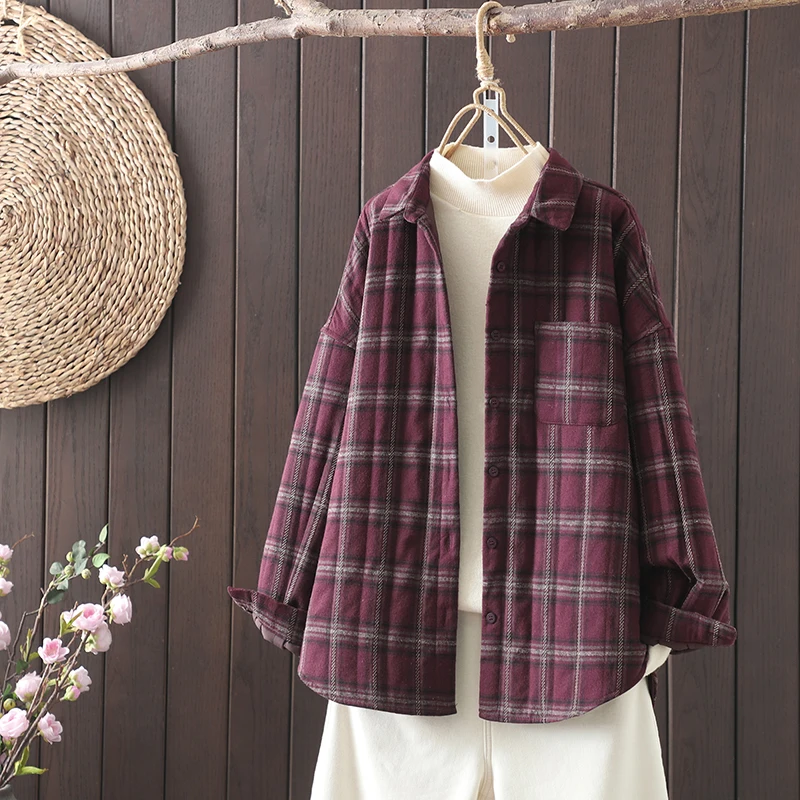 レトロな格子縞の綿素材の女性用ロングスリーブルーズ韓国風スリーブルーズ秋春アウターウェアボタンアップレイジートップ