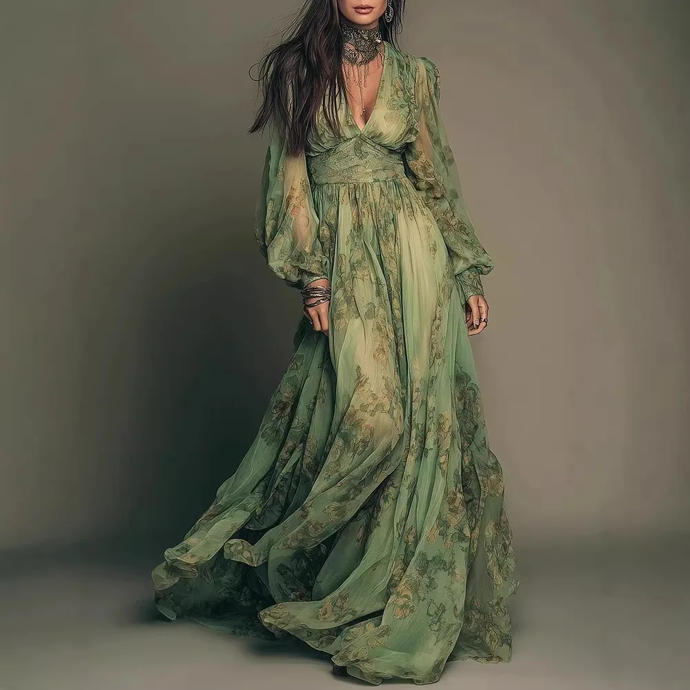 Damen-Maxikleid mit tiefem V-Ausschnitt, langen Laternenärmeln und hoher Taille aus Chiffon, elegant, vielseitig, für den Alltag, lässig, für Pendlerinnen
