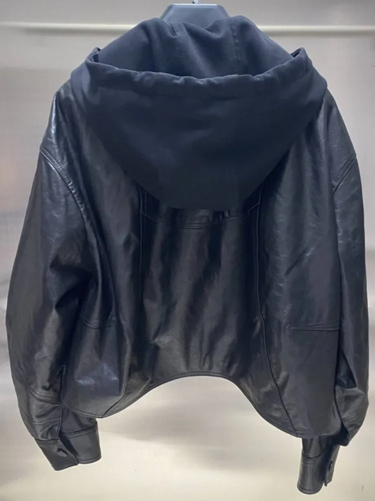 Freizeit-Stil Damen mit Kapuze, einfarbig, echtes Leder, Jacke, lockerer Reißverschluss, handgefertigt, lange Ärmel, Schaffell-Baseball-Oberbekleidung