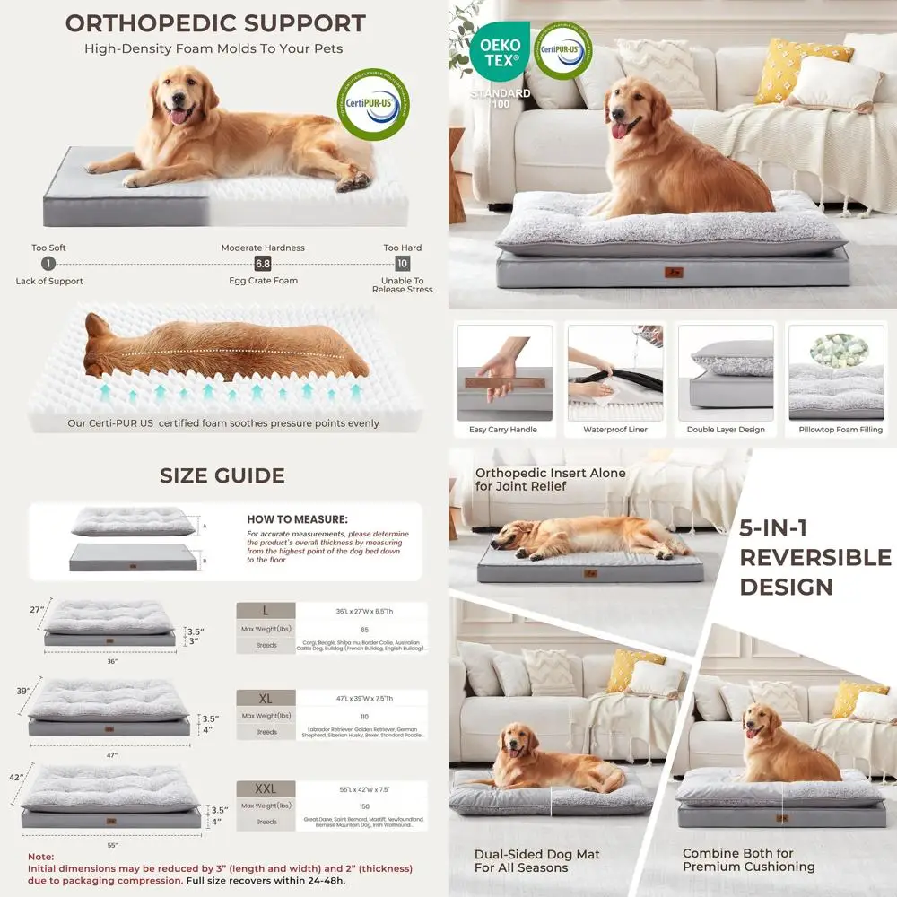 

Orthopedic Waterproof Pillowtop Dog Bed for Medium to Large Dogs, Removable Cover, 55L x 42W, Light Grey
